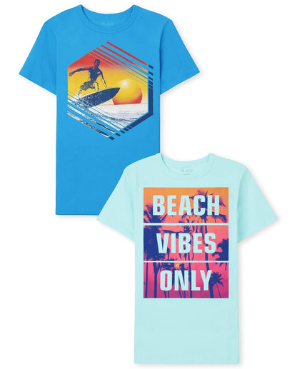 The Children's Place The Children's Place Camiseta gráfica de Manga Corta para niños, Paquete de 3 Camiseta para Niños - Surfering - Beach Vibes Only Paquete de 2 - G
