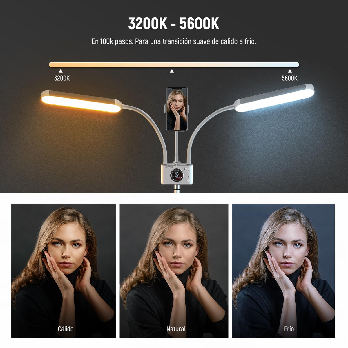 NEEWER Iluminación Fotografía Bicolor con Soporte para Celular, Compatible con 2.4G/PC/Mac y Control de 2 Cabezal Luz Video, Lámpara con Doble Brazo para Maquillaje, Pestañas, Cejas, Tatuajes, BH40B