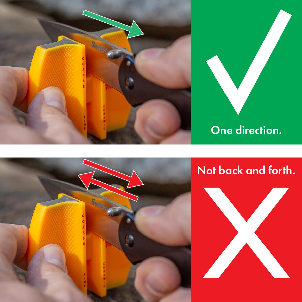 Smith's CCKS - Afilador de cuchillos de 2 pasos - Amarillo - Ranuras gruesas y finas preestablecidas de 2 pasos - Afilador de cuchillos de mano para exteriores, pesca, caza, filete, cuchillos de