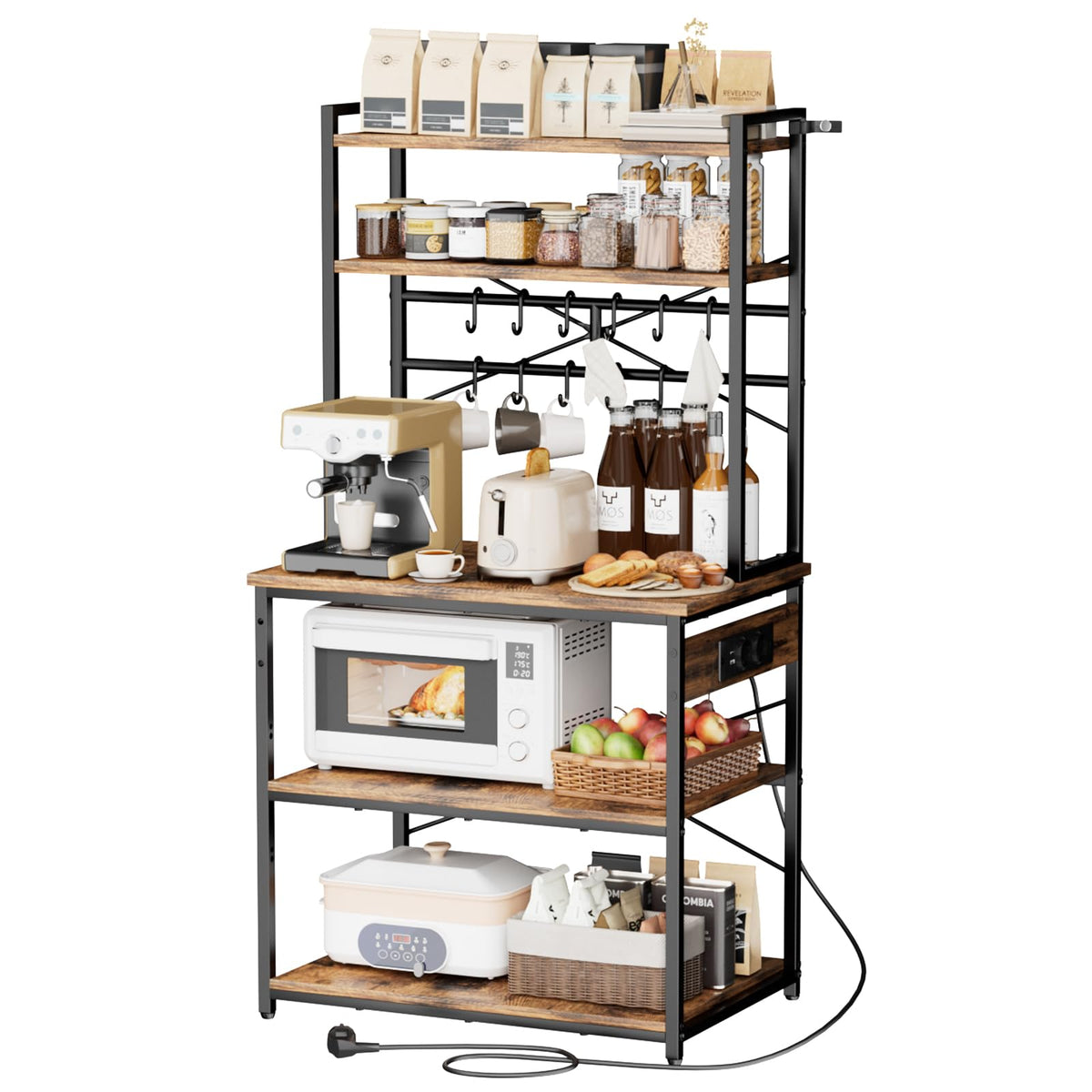 VEVOR Estante para Panaderos de Cocina con Toma de Corriente de 5 Niveles, Estantería de Almacenamiento de Servicios 80 x 40 x 161,8 cm con 12 Ganchos, con Soporte para Horno Microondas, Platos