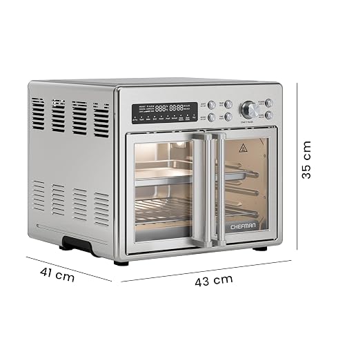 Horno tostador con freidora de aire Chefman de dos puertas, 10 en 1: freidora de aire, horno, asador, cocción lenta, 24 litros, capacidad para pizza de 30 cm o pollo de 1.8 kg. Acero inoxidable.