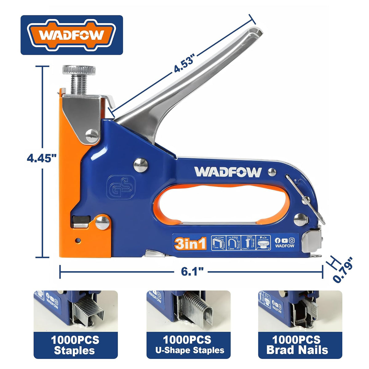 WADFOW - Pistola grapadora 3 en 1 resistente con 3.000 grapas: clavadora manual Brad, pistola grapadora de ajuste de potencia para madera, manualidades, carpintería, decoración y bricolaje