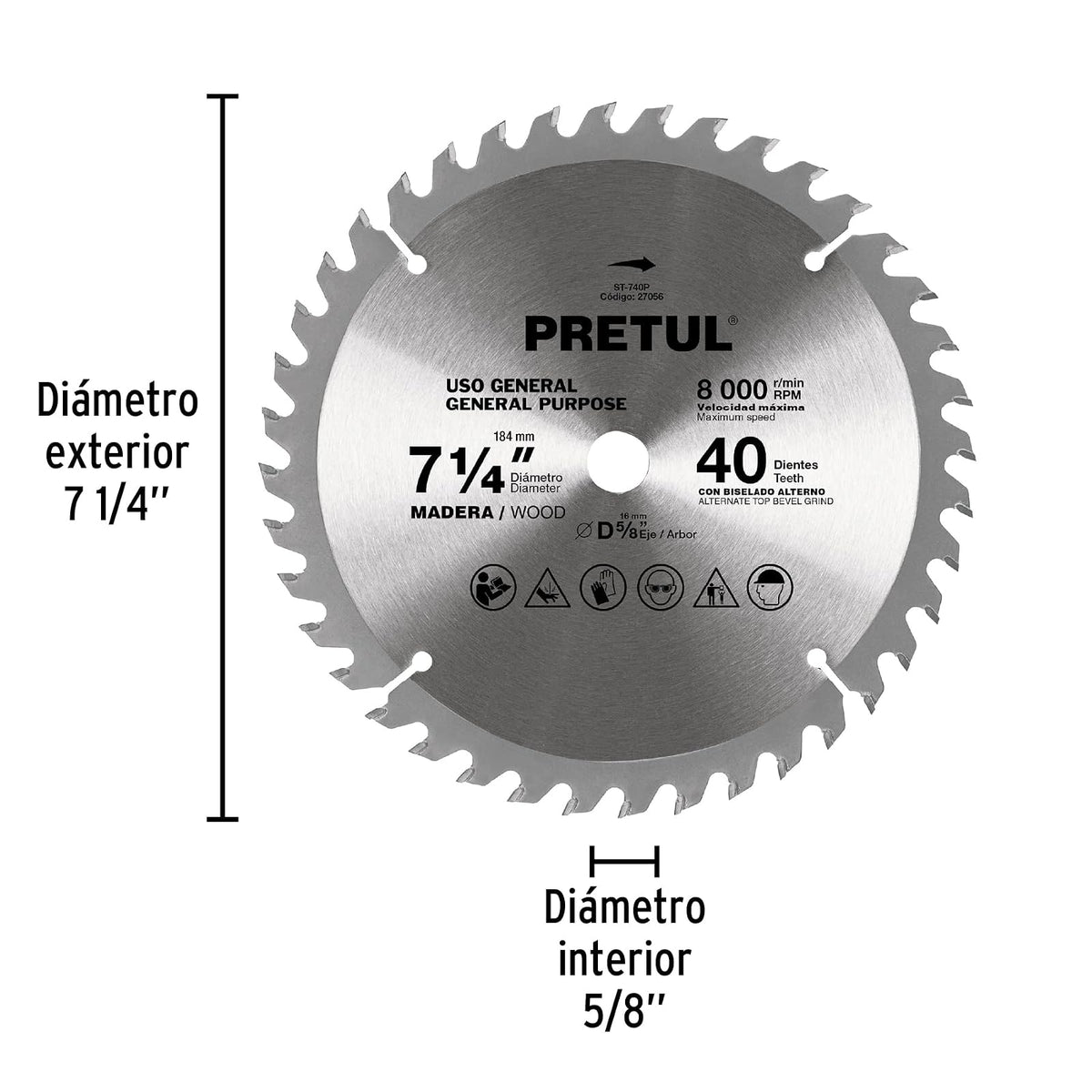 Pretul ST-740P, Disco sierra 7-1/4" para madera 40 dientes centro 5/8"