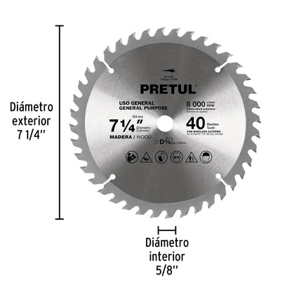 Pretul ST-740P, Disco sierra 7-1/4" para madera 40 dientes centro 5/8"
