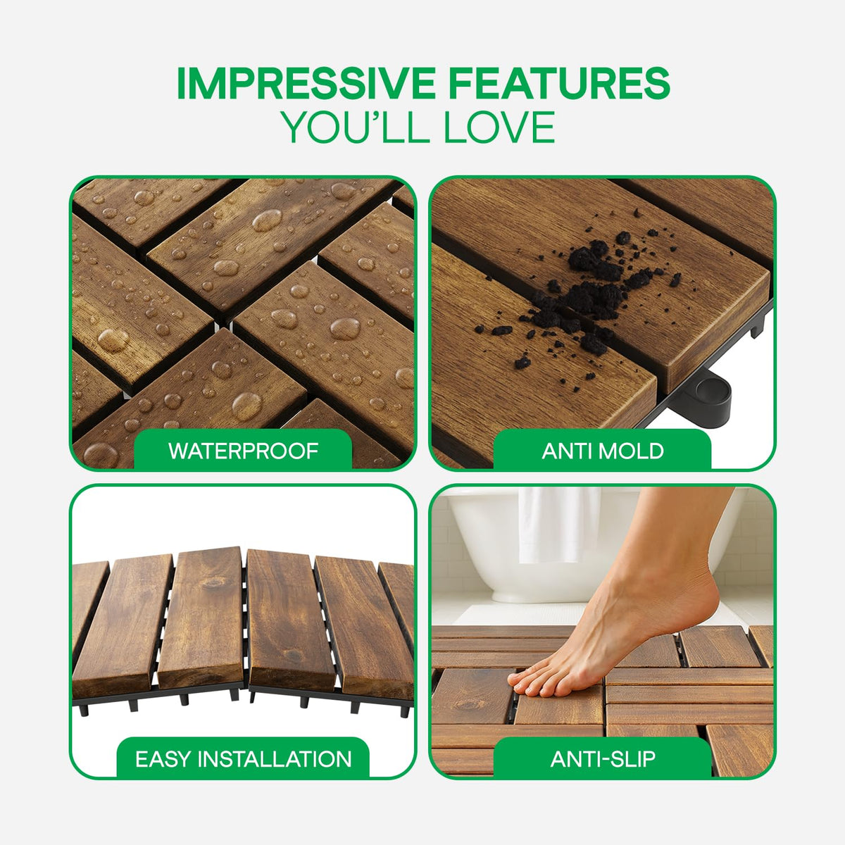 IDZO - Azulejos de cubierta entrelazados, 10 baldosas impermeables de madera de acacia, piso duradero para espacios interiores y exteriores, ideal para patios, balcones, cubiertas, cobertizos