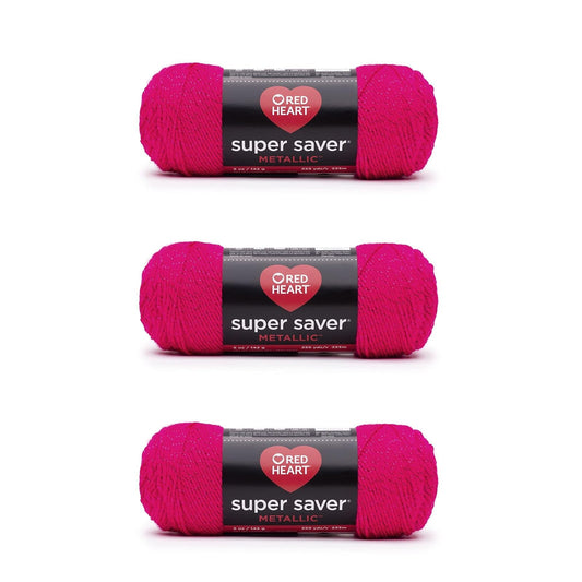 Red Heart Super Saver - Hilo fucsia metálico - Paquete de 3 unidades de 5 oz/142 g - Acrílico - 4 Medianos (Worsted) - 255 yardas - Tejer/Crochet