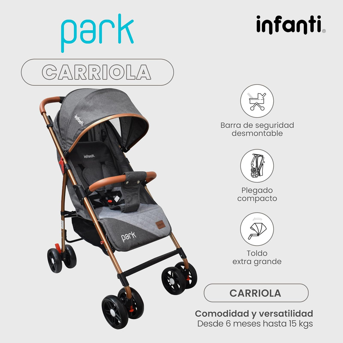INFANTI | Carriola Para Bebe Modelo PARK | Ideal Para Bebes De 6 Meses En Adelante | Ligera Y De Facil Plegado | Color Gris