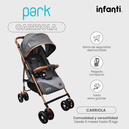 INFANTI | Carriola Para Bebe Modelo PARK | Ideal Para Bebes De 6 Meses En Adelante | Ligera Y De Facil Plegado | Color Gris