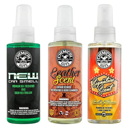 Chemical Guys Kit Ambientador Best - Aroma Automóvil Nuevo, Aroma Cuero y Aroma Firma, (Ideal para Automóviles, Camiones, Todoterrenos, Autocaravanas y Más) 3 Botellas de 118 ml