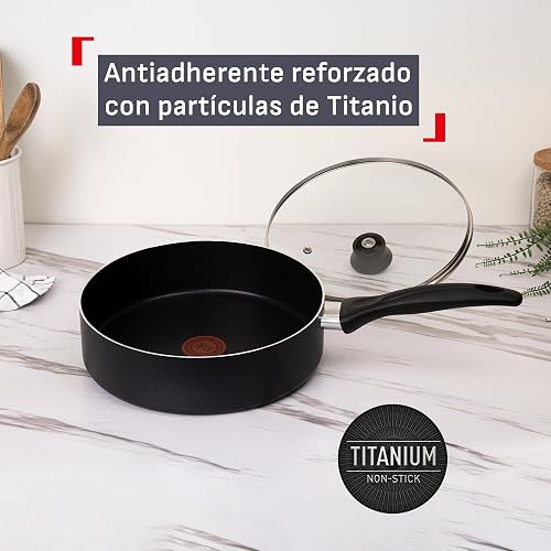 T-fal Cacerola con Tapa 24 cm Everyday, con Antiadherente resistente Titanium, Limpieza Fácil, Libre de PFOA, con Termo Señal para una cocción optima, B4693284EVE