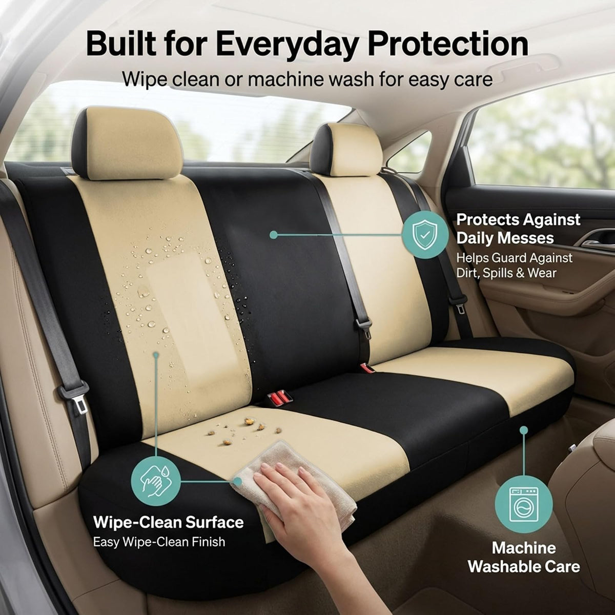 FH Group Funda Universal para Asiento de Automóvil de Banco sólido para reposacabezas Desmontables, Ajuste Universal para Automóviles, Camiones y SUV (Beige/Negro)
