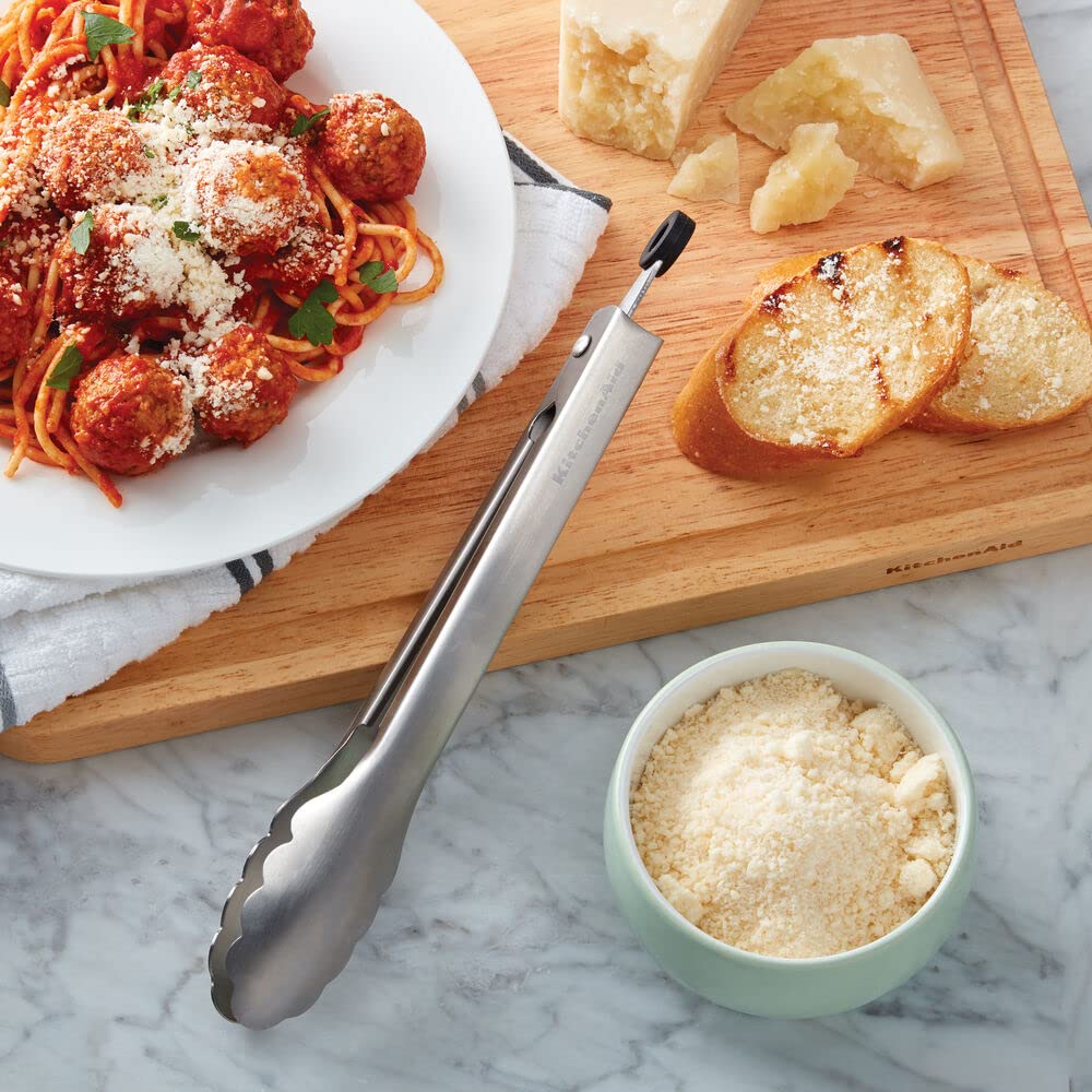 KitchenAid Gourmet - Pinzas para servir de acero inoxidable con gancho para colgar y cierre seguro, 9 pulgadas, acero inoxidable
