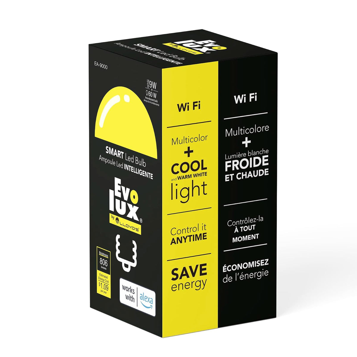 Evolux by Lloyd's Foco LED Inteligente, WiFi A19, Configuración Automática, Redes de 2.4 GHz, Dimmeable, Compatible con Alexa, Multicolor + Luz Blanca Fría y Cálida
