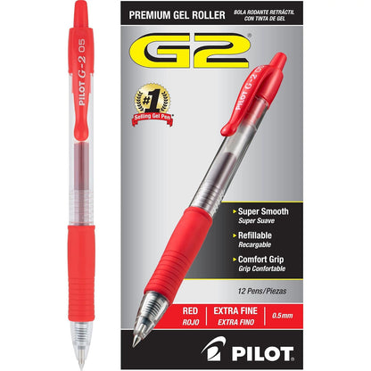 Pilot G2 Retractable Premium Gel Ink Roller Ball Pens, Extra Fine Point, Red Ink, Dozen Box (31004)