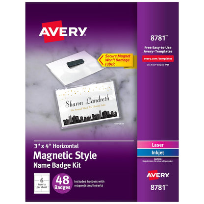 Avery - Insignias de nombre personalizables, estilo imán, 3 x 4 pulgadas, soportes para etiquetas de nombre transparente, inserciones imprimibles láser blanco/inyección de tinta, 48 en total (8781)