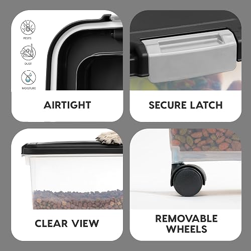 IRIS USA Contenedor Hermético WeatherPro, hasta 13.6 Kg, con ruedas, Ideal para perros, gatos y aves, Mantiene la frescura, translúcido y libre de BPA, Negro
