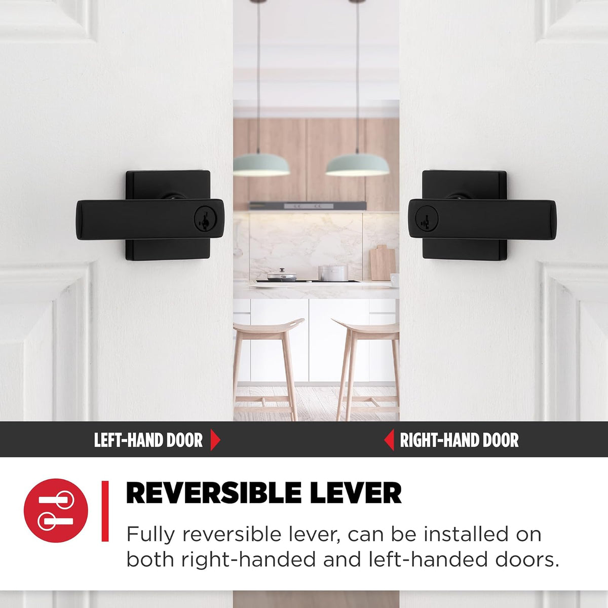 Kwikset - Manija de puerta de entrada Breton con cerradura y llave, palanca reversible con llave segura, para entrada frontal y dormitorios, negro mate, resistente a la púa Smartkey Rekey Security y