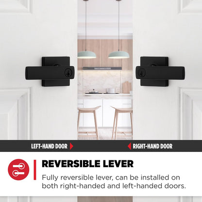 Kwikset - Manija de puerta de entrada Breton con cerradura y llave, palanca reversible con llave segura, para entrada frontal y dormitorios, negro mate, resistente a la púa Smartkey Rekey Security y