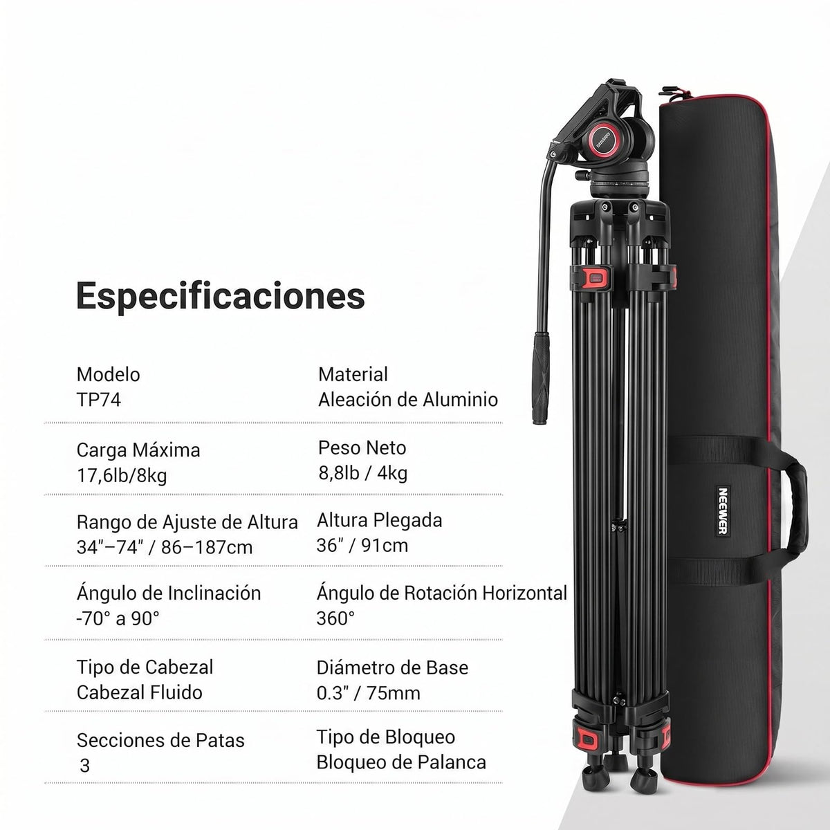NEEWER Trípode de Vídeo Profesional de 74 "con Cabeza Fluida, Placa QR Compatible con dji RS Gimbals, Trípode de Cámara Resistente con Mango Telescópico Base Rscalada, Carga Máxima 8kg, TP74