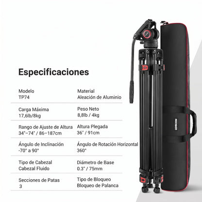 NEEWER Trípode de Vídeo Profesional de 74 "con Cabeza Fluida, Placa QR Compatible con dji RS Gimbals, Trípode de Cámara Resistente con Mango Telescópico Base Rscalada, Carga Máxima 8kg, TP74