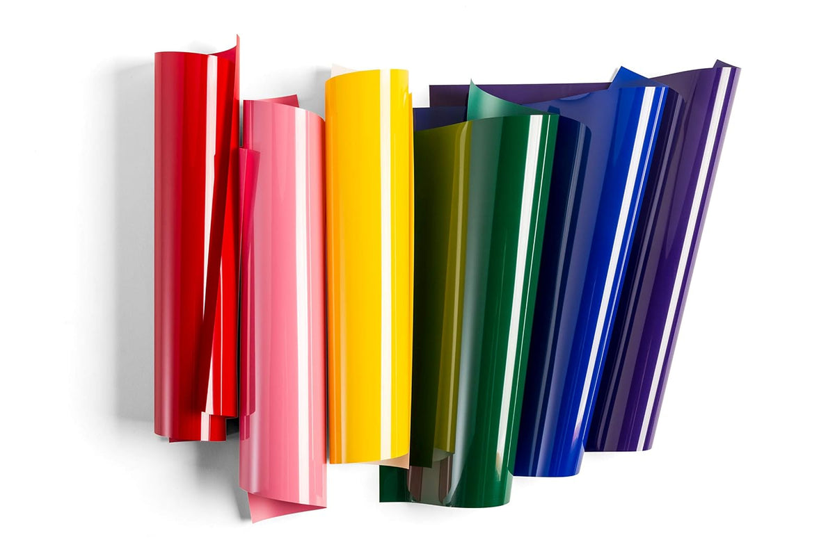 Cricut Everyday Iron On - 12 hojas de 12 x 12 pulgadas, incluye rojo, rosa, azul real, morado, verde - Vinilo HTV para camisetas - Uso con Cricut Explore Air 2/Maker - Paquete de arcoíris