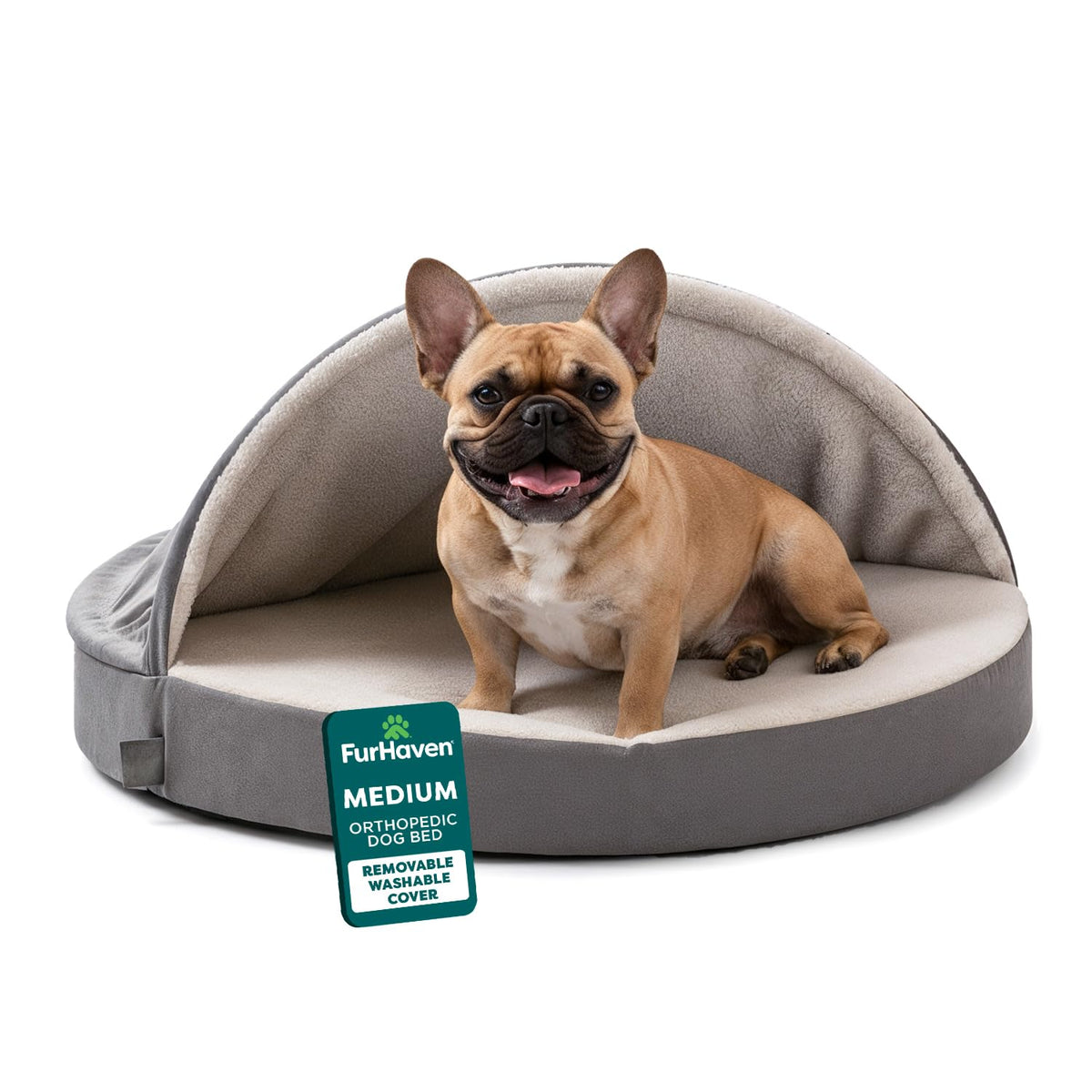 Furhaven Cama para Mascotas para Perros y Gatos, Manta de Sherpa y Gamuza, Cama ortopédica Redonda para Perros, Funda extraíble Lavable a máquina, Gris, 26 Pulgadas