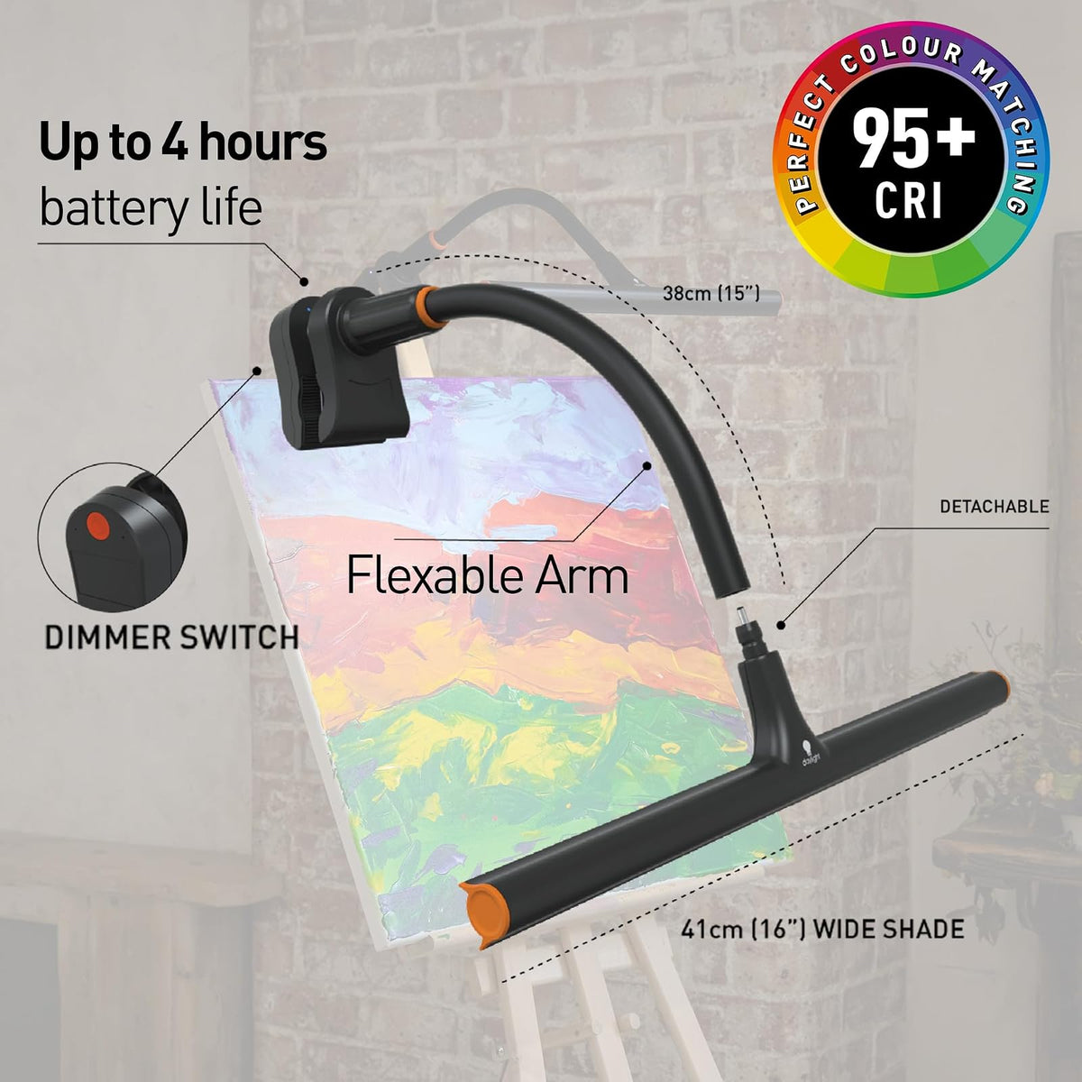 daylight Company Easel Lamp Go™ Premium 95+ CRI Lámpara de arte LED con atenuador de 3 pasos, cable USB-C y batería integrada para una excelente reproducción de color e iluminación ininterrumpida
