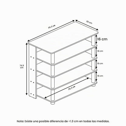 Furinno Turn-N-Tube Zapatero Ancho de 5 Niveles, Roble Francés con Negro, 81.3 cm