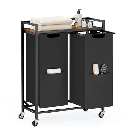 VASAGLE Cesto de Ropa Sucía con 3 Compartimentos, Carrito Rodante con Ruedas con Freno, Estante Superior, Bolsas Extraíbles, 93x32x93 cm MBLH021B01