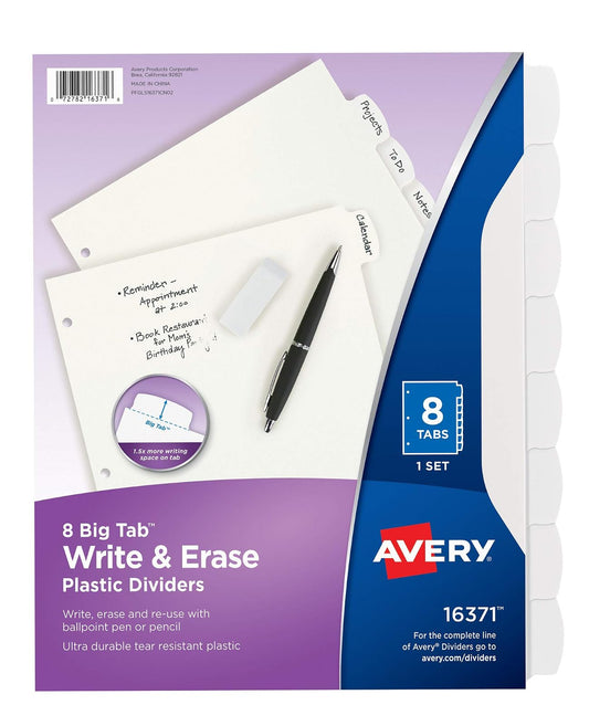 AVERY 16371 - Separadores de plástico resistente con 8 pestañas para carpetas de 3 anillas, color blanco, 1 juego