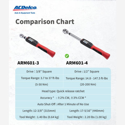 ACDelco ARM601-4 - Llave dinamométrica digital de alta resistencia con zumbador y notificación de flash LED, normas ISO 6789 con certificado de calibración