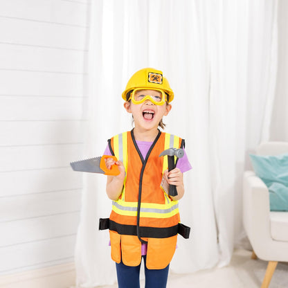 Melissa & Doug Disfraz De Obrero De La Construcción | 6 piezas, construcción de juego de simulación, chaleco, sombrero duro, herramientas para niños, cinturón, sierra, martillo
