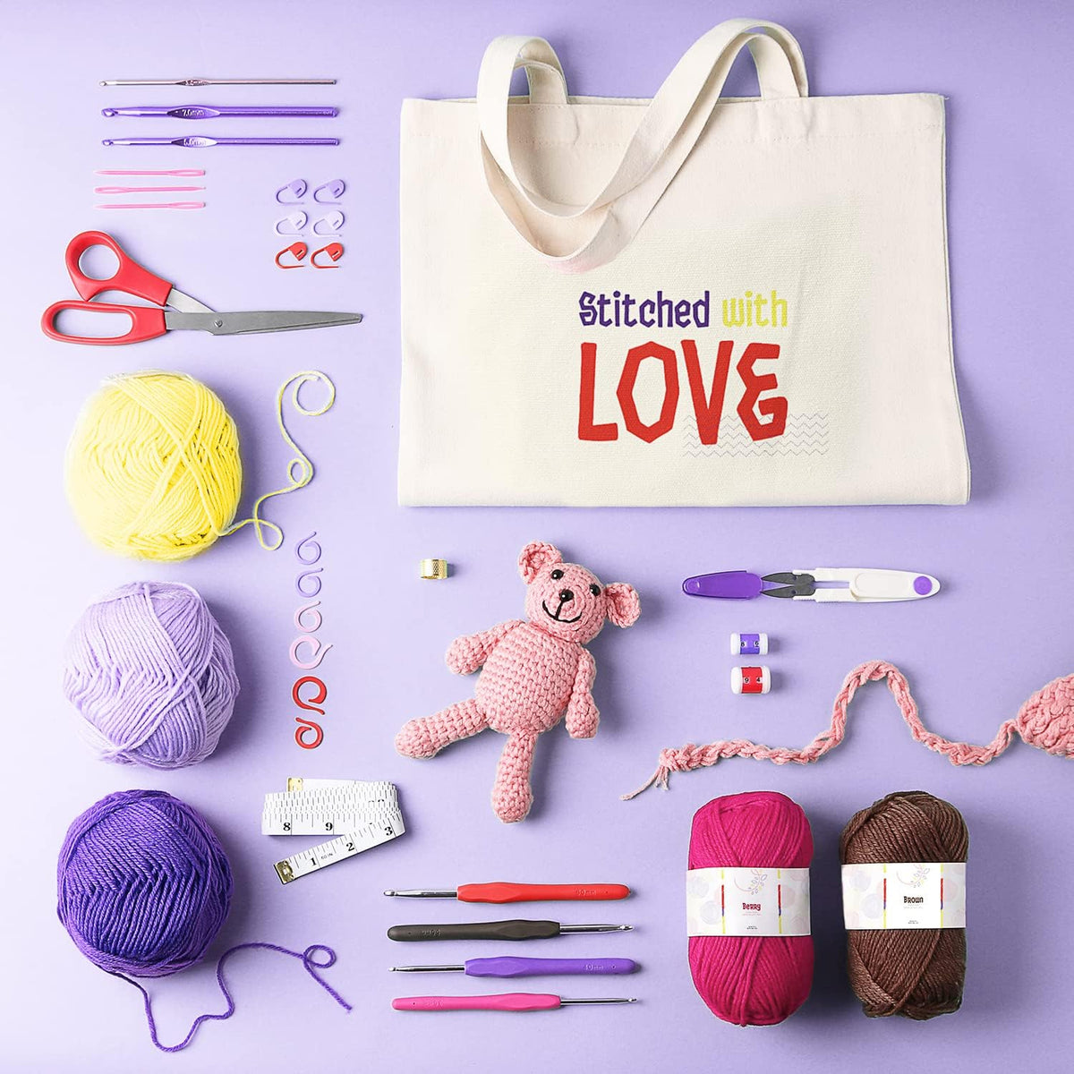 Juego de 73 piezas de ganchillo con ganchos de ganchillo, paquete premium que incluye bolas de hilo, agujas, kit de accesorios, bolsa de lona y mucho más, paquete de iniciación para niños y adultos, principiantes, profesionales.