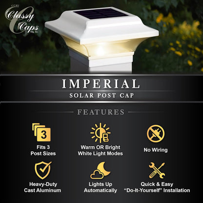 Classy Caps SLO82W - Tapa de poste solar imperial - Se adapta a postes de 2 x 2 pulgadas, 2.25 x 2.25 pulgadas, 2.5 x 2.5 pulgadas, aluminio recubierto de polvo blanco