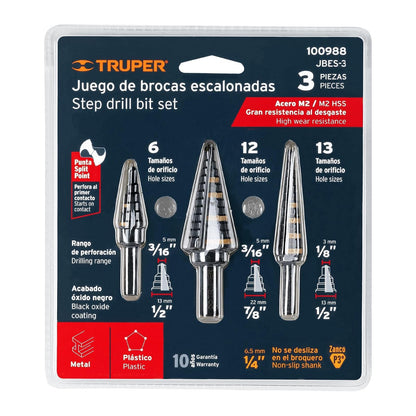 Truper JBES-3, Juego de 3 brocas escalonadas de óxido negro
