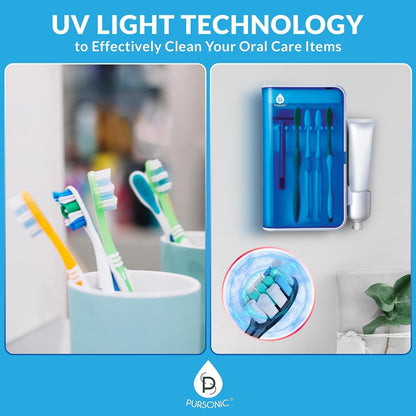Pursonic - Soporte desinfectante para cepillos de dientes UV montado en la pared, 5 ranuras para cepillos de dientes para baños con soporte para pasta dental, soporte para cepillo para polvo de