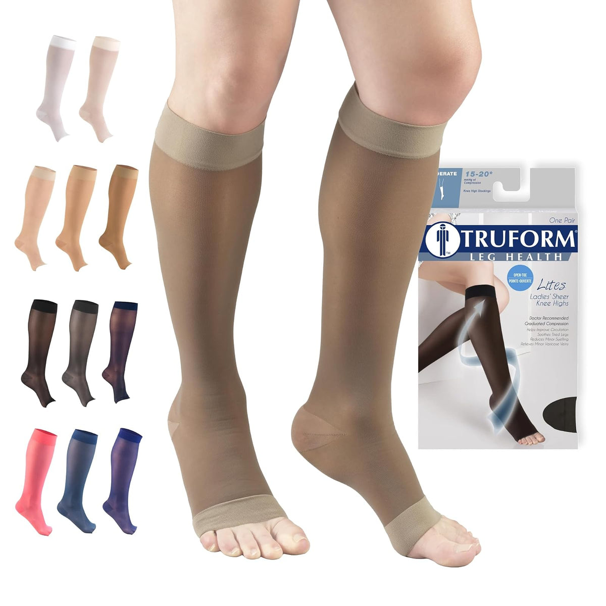 Truform Medias de Compresión 15-20 mmHg hasta la Rodilla, Punta Abierta - Pequeño - Taupe