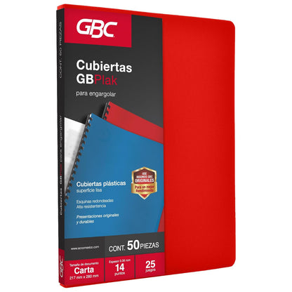 GBC Cubierta para Encuadernar Tamaño Carta, 14 Puntos - LISO - COLOR ROJO