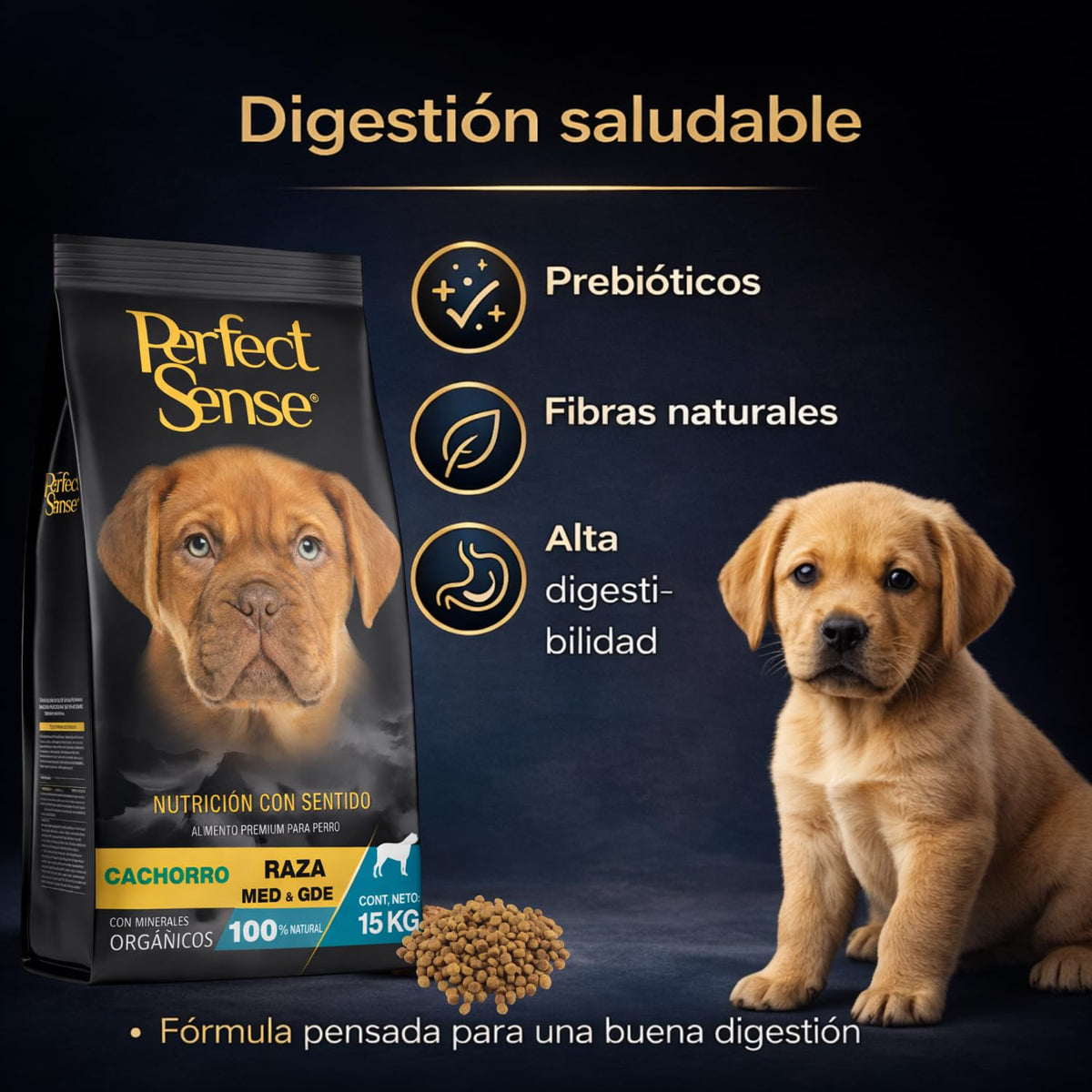 Perfect Sense Alimento Premium para Cachorros MLB | 15 kg | Ingredientes 100% Naturales con Prebióticos, Omega 3, YUCCA schidigera y Conservadores Naturales