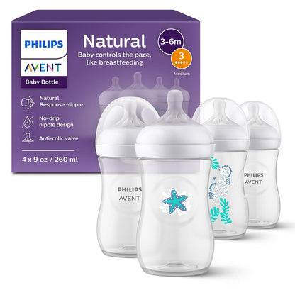 Philips Avent Natural Baby Bottles with Natural Response Nipples (Medium Flow, Flow 3), with Seahorse and Starfish Design, 9oz, 4-Pack, SCY903/68