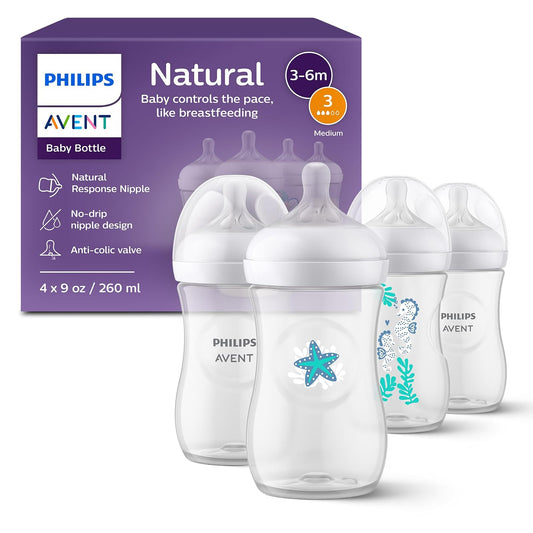 Philips Avent Natural Baby Bottles with Natural Response Nipples (Medium Flow, Flow 3), with Seahorse and Starfish Design, 9oz, 4-Pack, SCY903/68
