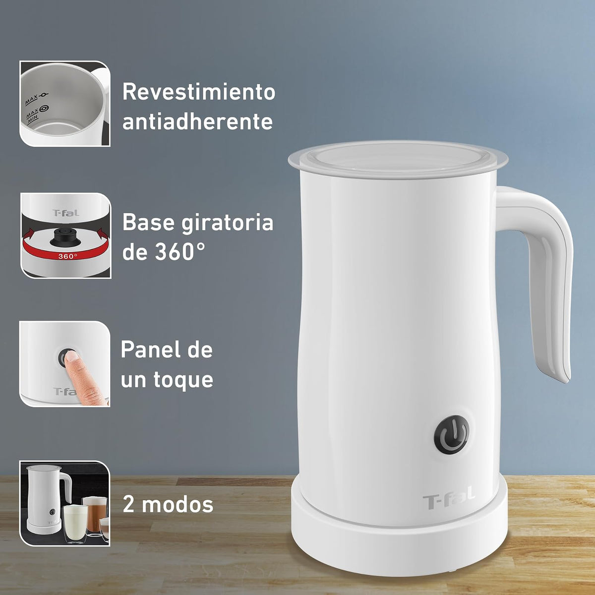 T-fal Espumador de Leche Eléctrico XL1001X0 | Recubrimiento antiadherente, base giratoria 360°, prepara lattes y capuchinos