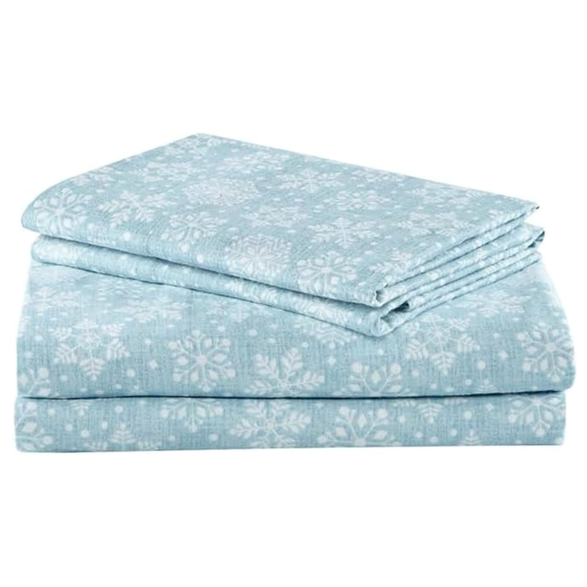 Comfort Spaces - Sábanas de Franela de algodón Transpirable y cálidas con Bolsillo Profundo con Funda de Almohada, tamaño matrimonial, Copos de Nieve Azules, 4 Piezas