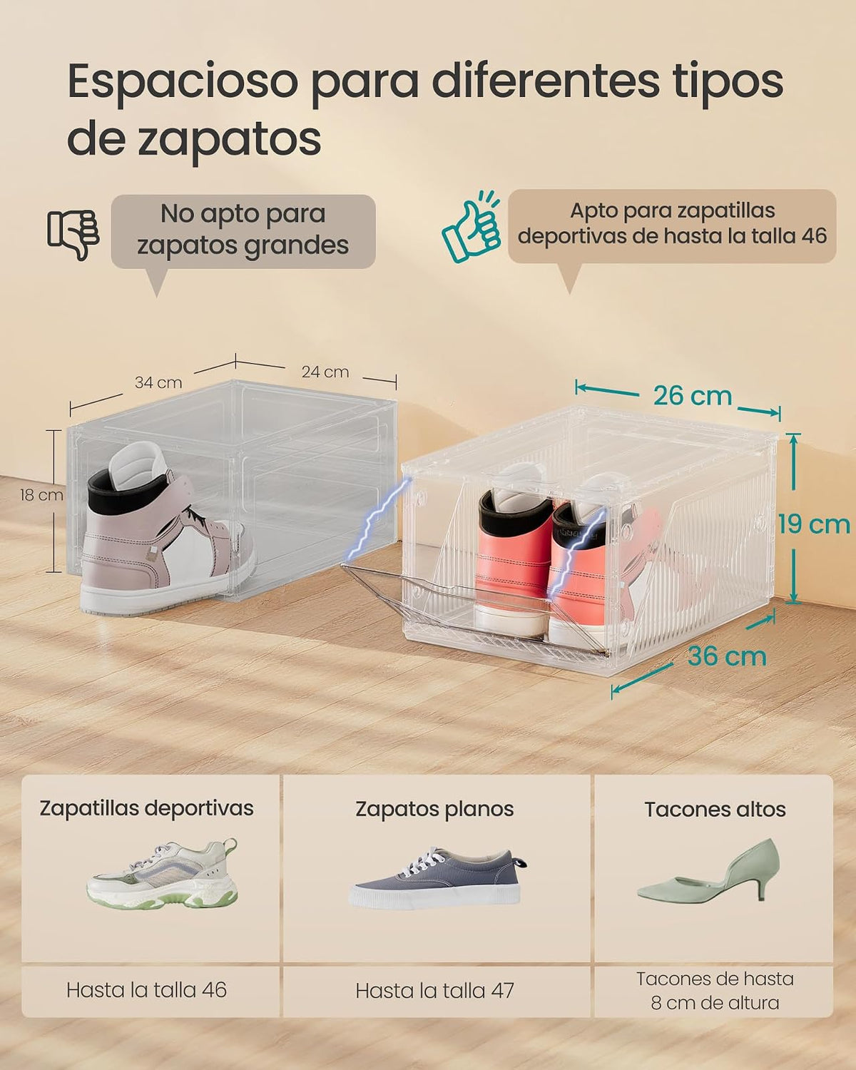 SONGMICS Cajas de Zapatos de Plástico, 6 Piezas con Puerta Magnética, Apilables y Conectables, 36x26x19 cm MLSP806WH01