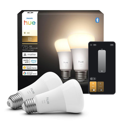 Philips Hue - foco LED inteligente A19, luz blanca cálida 2700 K, base E26, 10,5 W, 1100 lúmenes, regulable, funciona con Alexa, Google Assistant y Apple Home, paquete de 2