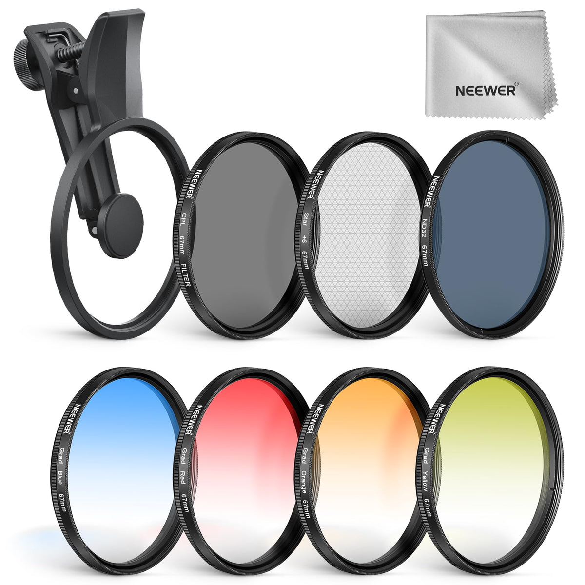 NEEWER Juego de 7 67mm Filtros ND, Compatible con Android Samsung Google Pixel Huawei Xiaomi Clip On CPL+ ND32 + Starlight + GND(Rojo/Naranja/Amarillo/Azul), Kit Accesorios Foto Lentes Cámara, FL-P11