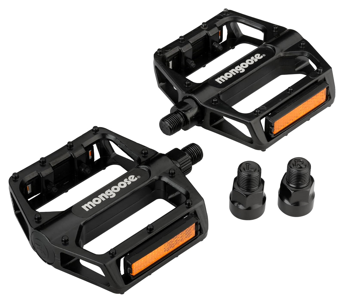 Mongoose - Pedales de Bicicleta de montaña para Adultos, adaptadores de 1/2" y 9/16", Pedal de Plataforma de Bicicleta de aleación Duradera, Tiras refectivas, Accesorios de Bicicleta MTB