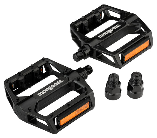 Mongoose - Pedales de Bicicleta de montaña para Adultos, adaptadores de 1/2" y 9/16", Pedal de Plataforma de Bicicleta de aleación Duradera, Tiras refectivas, Accesorios de Bicicleta MTB