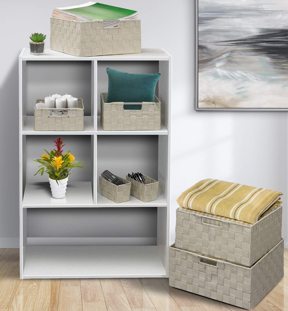 Sorbus Storage Baskets for Organizing (Set of 7), Mesh Hand-Woven Design, Linen Closet Organizers and Storage, Organizer Storage Baskets for Shelves, Variety Pack Organizers and Storage (Beige)