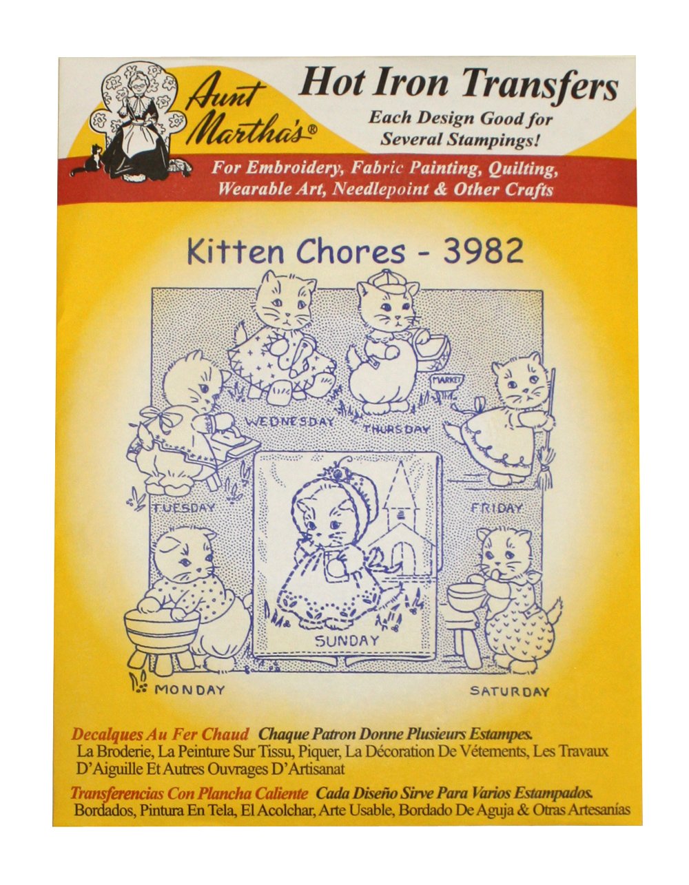 Aunt Martha's Patrones de transferencia de planchado para costura, bordado o pintura de tela, bonitos patrones de animales vintage para paños de cocina o acolchado, juego de 5